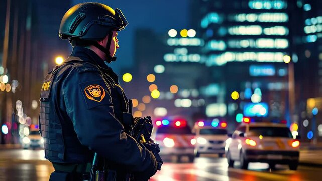 Security patrol officers ensure safety during nighttime operations in urban environment, Security patrol in action, officers ensuring area safety