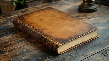 Old Leather-Bound Book on Rustic Wooden Surface

