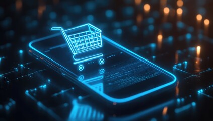A glowing phone displays a shopping cart icon, overlaid on a circuit board-like background