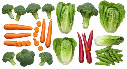 Fresh vegetables including broccoli, lettuce, carrots and green peas, isolated on transparent PNG background