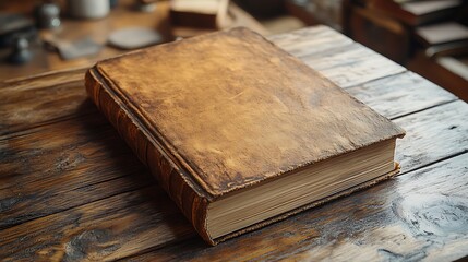 Old Leather-Bound Book Resting on Wooden Table

