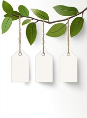 Blank price tags hang from a branch with leaves