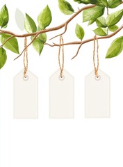 Blank price tags hanging from branches with lush green leaves