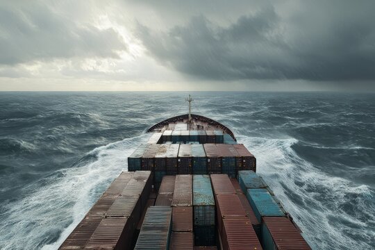 Cargo ship navigating rough seas