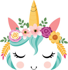 Cute cartoon unicorn face with closed eyes adorned with a floral crown and golden horn isolated on transparent background