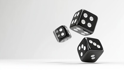 Three black dice in mid-air against a plain white background