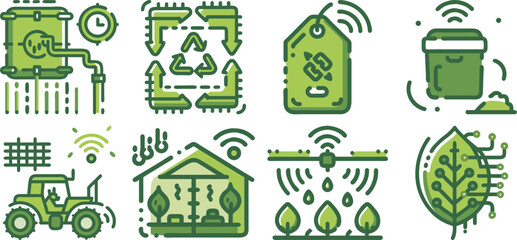 Collection of green eco technology icons isolated on transparent background, representing smart homes, sustainable technology, and data security.