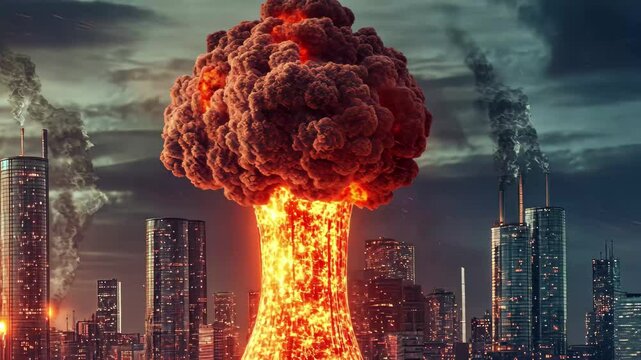 Nuclear energy explosion illustrates global implications for cities and environments worldwide, Nuclear energy concept, closeup, global implications, detailed and impactful