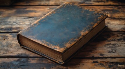 Worn Dark Blue Leather-Covered Book on Rustic Wooden Surface

