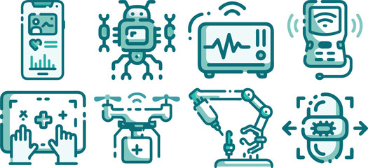A set of teal technology icons isolated on transparent background, depicting medical devices, robots, and drones, representing innovation in healthcare.