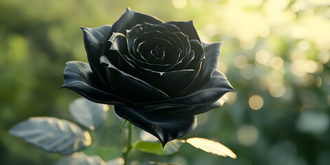 Black Rose with Water Droplets on Soft Bokeh Background 