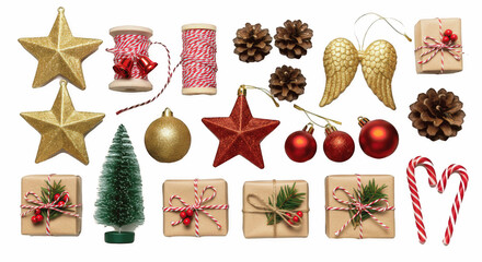 Christmas Gift Wrapping and Holiday Ornaments Isolated on Transparent PNG Background – Stars, Baubles, Tree, and Candy Cane