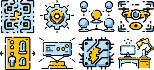 A set of yellow and blue technology icons isolated on transparent background, showcasing robotics, automation, and smart devices.