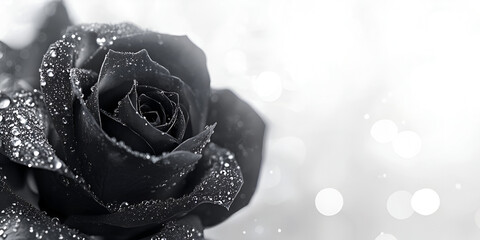 Black Rose with Water Droplets on Soft Bokeh Background 
