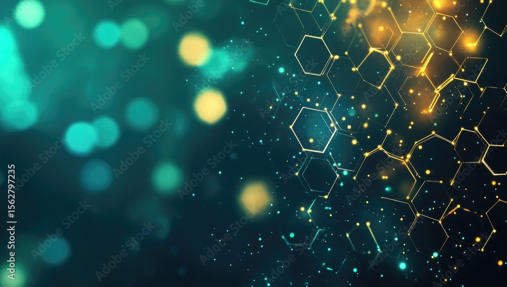 Poster abstract digital backdrop with glowing hexagonal grid and bokeh