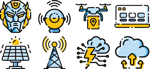 A collection of technology icons isolated on transparent background, featuring a robot, drone, and cloud computing symbols.