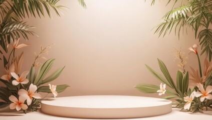 Empty, light beige podium surrounded by tropical plants and flowers
