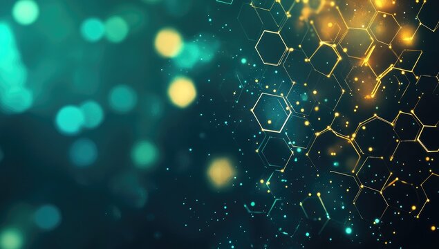 Abstract digital backdrop with glowing hexagonal grid and bokeh