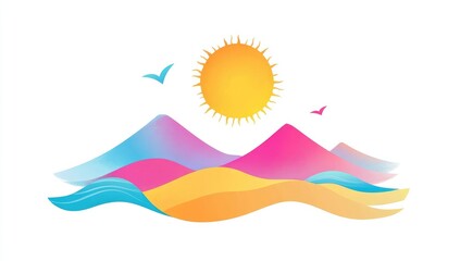 Obraz premium Colorful abstract landscape of mountains, sun, and waves