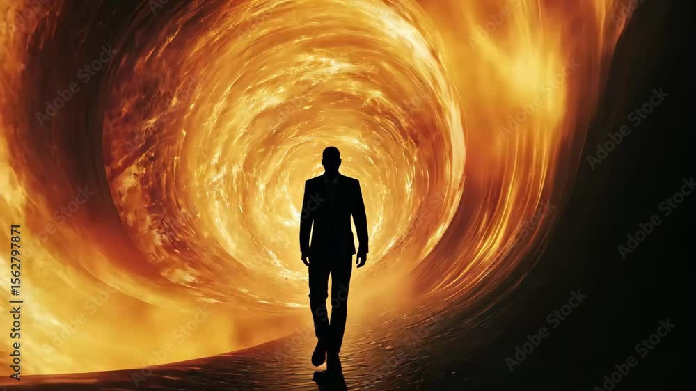 Poster man walks into fiery vortex creating a surreal experience in a dreamlike environment, man walking in