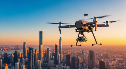 A professional drone equipped with a high-resolution camera hovers above a modern city skyline during sunrise or sunset. The futuristic urban landscape features tall skyscrapers and warm golden light,