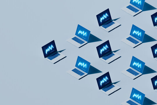  Data Laptop on Blue Background with Digital Waveform