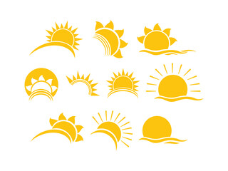 Collection of stylized sun illustrations in yellow, various styles