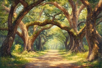 Naklejka premium Sunlight-drenched forest path. Lush canopy