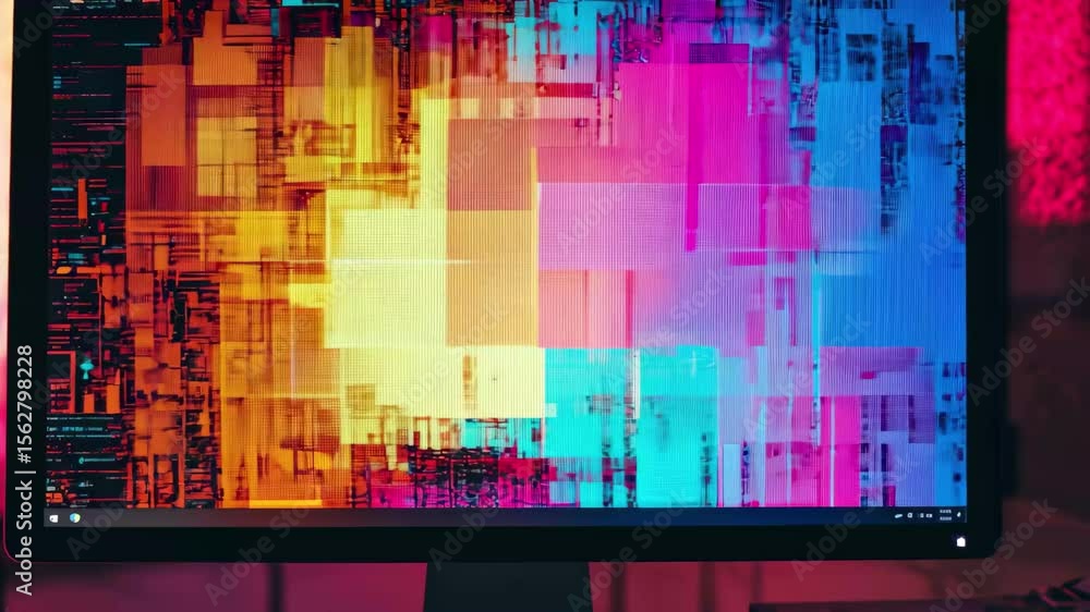 Poster glitch effect internet text displayed on a monitor with colorful neon lighting in a modern workspace