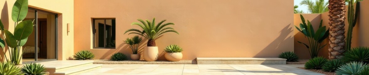 Fototapeta premium Blank stucco facade, flagstone patio Tropical desert architectural style , warm, brown, empty