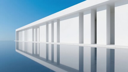 Naklejka premium Modern Architectural Structure with Reflective Floor and Clear Sky