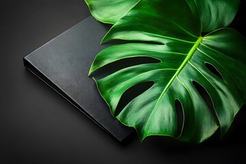 Green Monstera Leaf Resting on Closed Black Laptop

