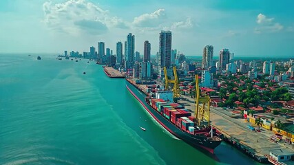 Drone view showcases loading docks and cargo ship Cartagena C along vibrant coastal city skyline, Drone past Loading Docks and Cargo ship_Cartagena Colombia - Powered by Adobe