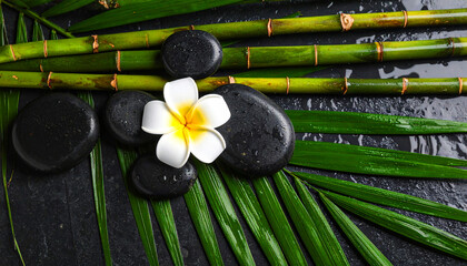 Serene Spa Setting Bamboo, Stones, and Plumeria Flower