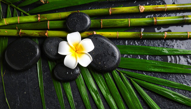 Serene Spa Setting Bamboo, Stones, and Plumeria Flower