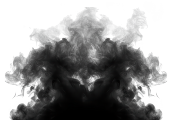 A symmetrical black smoke cloud with an abstract, artistic design, isolated on transparent background