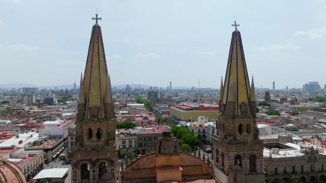Towers of the cathedral of Guadalajara in Jalisco, Mexico. Aerial