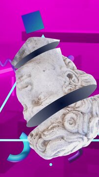 Animation of antique sculpture head over pink shapes