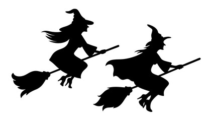 Set Of Flying Witch Silhouettes on Broomsticks