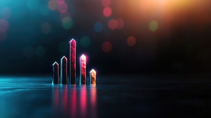Reflective Crystal Bar Graph on Dark Background with Colorful Bokeh
