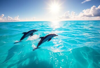 Naklejka premium Playful dolphins leap in vibrant turquoise water under a sun-drenched sky, playful dolphins, underwater scene