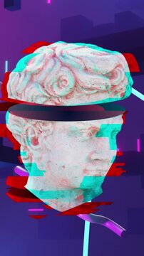 Animation of antique sculpture heads over shapes and light trails