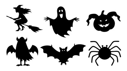 Set of Halloween silhouette collection elements on tranparent background