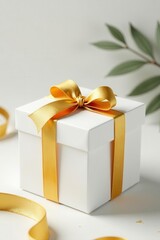 Obraz premium Sophisticated white gift box mock-up, gold-wrapped, open & closed views , holiday, gift, white