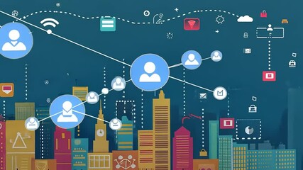 Colorful city skyline with digital icons representing technology and social connectivity - Powered by Adobe