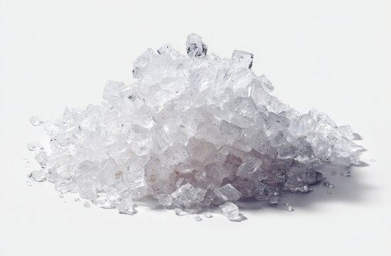 A small pile of translucent, crystalline chunks, possibly salt or sugar, sits on a plain white background; the crystals vary in size and are irregularly shaped, casting a subtle shadow