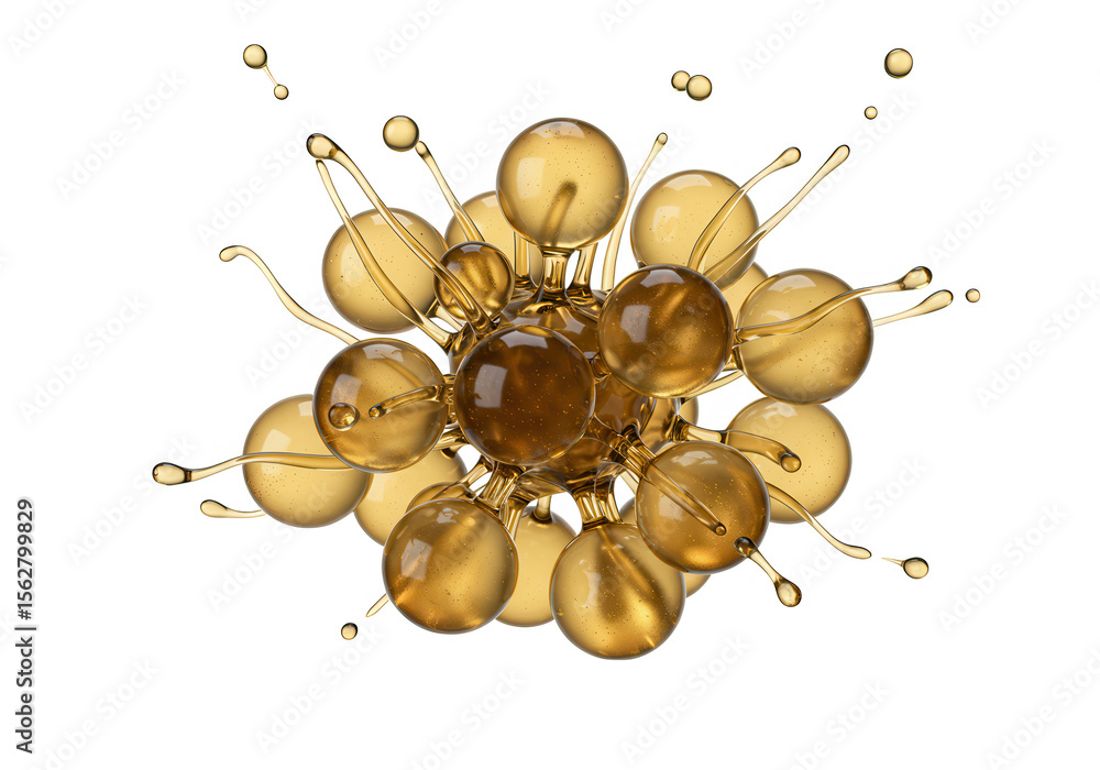 Poster a golden molecular structure with spheres and droplets is isolated on transparent background