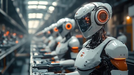 A futuristic assembly plant constructing AI-driven robotic workers 