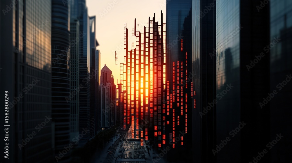 Poster urban sunset with modern architecture and abstract light patterns