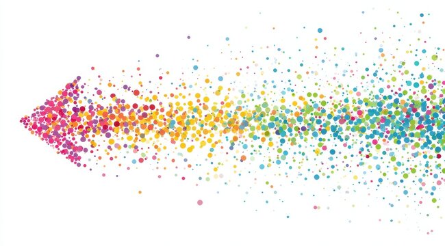 A vibrant rainbow arrow formed from countless tiny, multicolored dots, dispersing into a trail of confetti-like specks on a white background